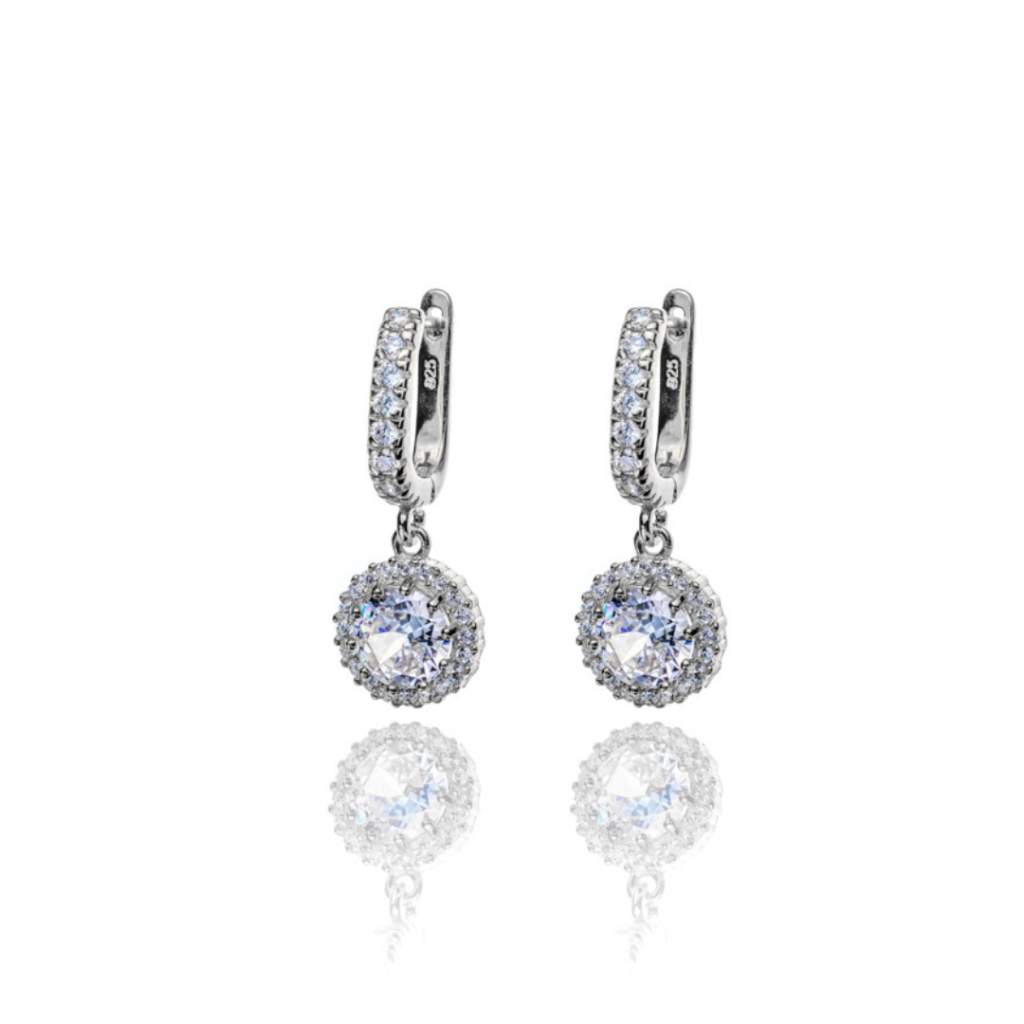 Kolczyki srebrne wiszące z ozdobnym zapięciem i cyrkoniami Sami