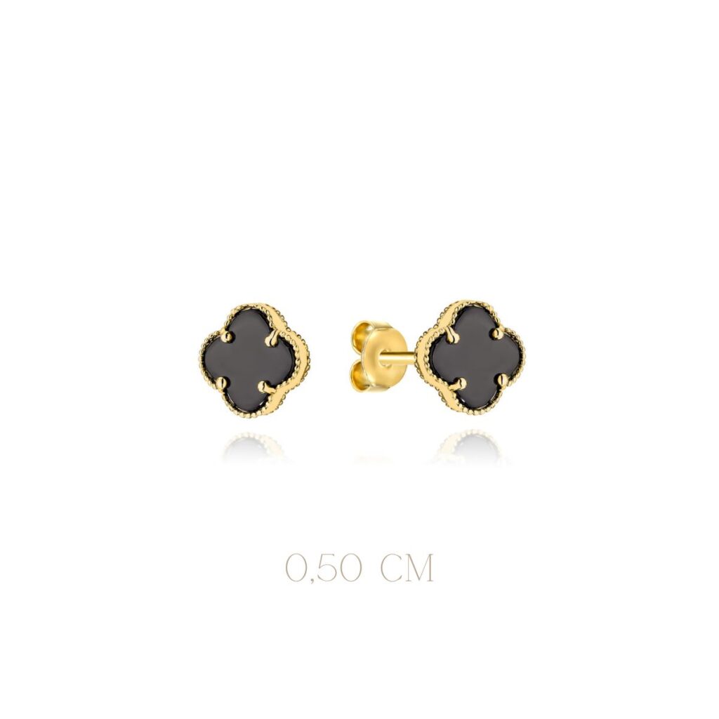 Kolczyki złote na zatyczkę z czarnym onyksem w kształcie koniczyny marokańskiej Maroko