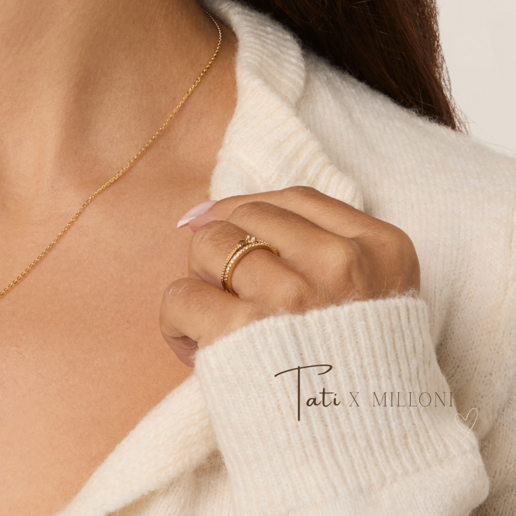 Pierścionek pozłacany niedomknięty, podwójny z cyrkoniami i serduszkiem Rosie