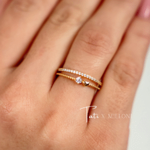 Pierścionek pozłacany niedomknięty, podwójny z cyrkoniami i serduszkiem Rosie