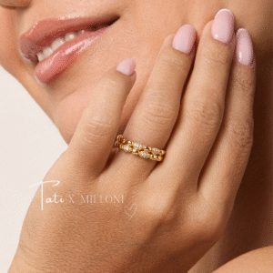 Pierścionek pozłacany niedomknięty z cyrkoniami i gładkimi elementami Lumine