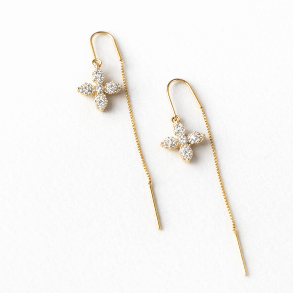 Kolczyki pozłacane, wiszące przeciągane z kwiatkiem z cyrkoniami Elodie